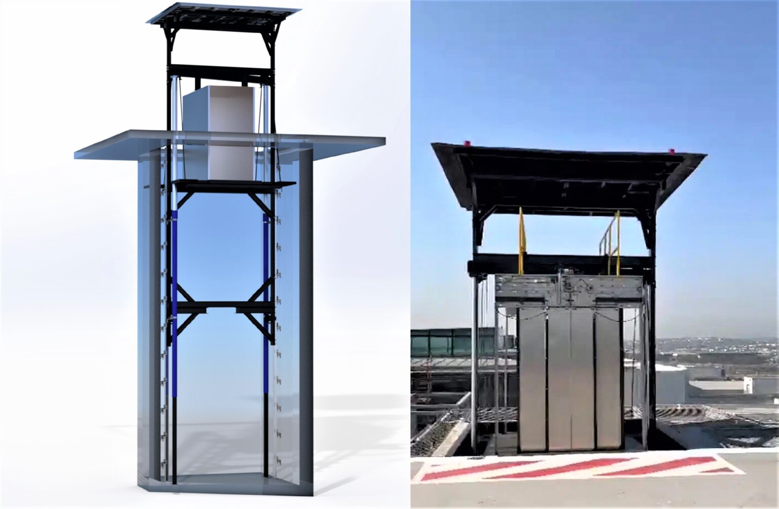 Mô hình (bên trái) và thang đang hoạt động (bên phải)