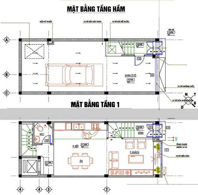 Bản vẽ thiết kế mặt bằng tầng hầm và tầng 1