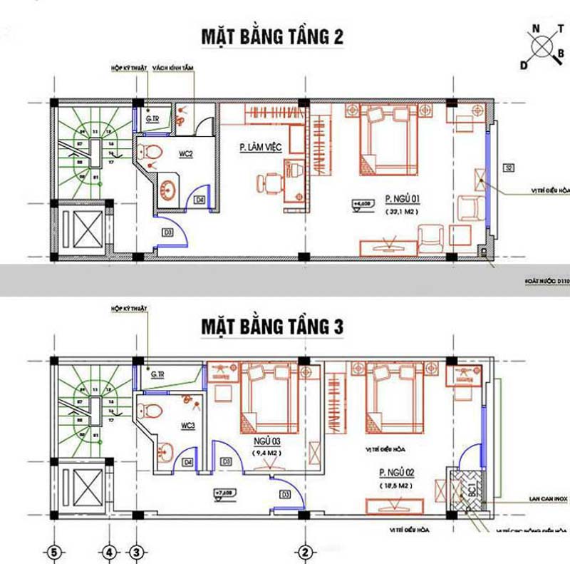 Bản vẽ thiết kế mặt bằng tầng 2 và tầng 3