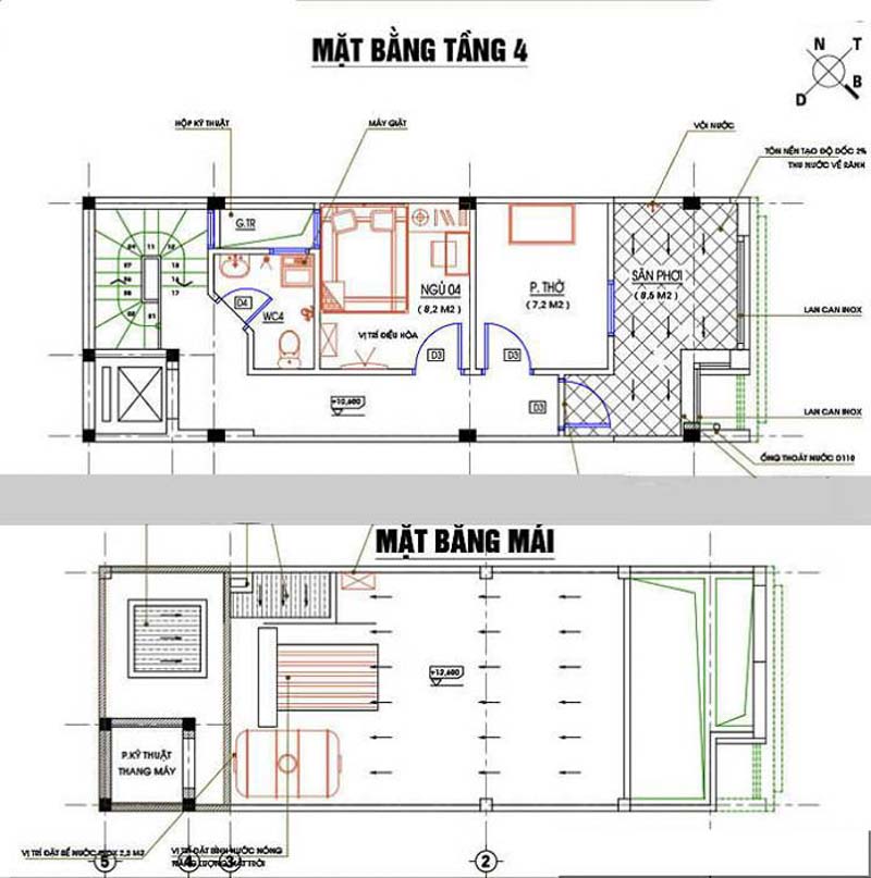 Bản vẽ thiết kế mặt bằng tầng 4 và tầng mái