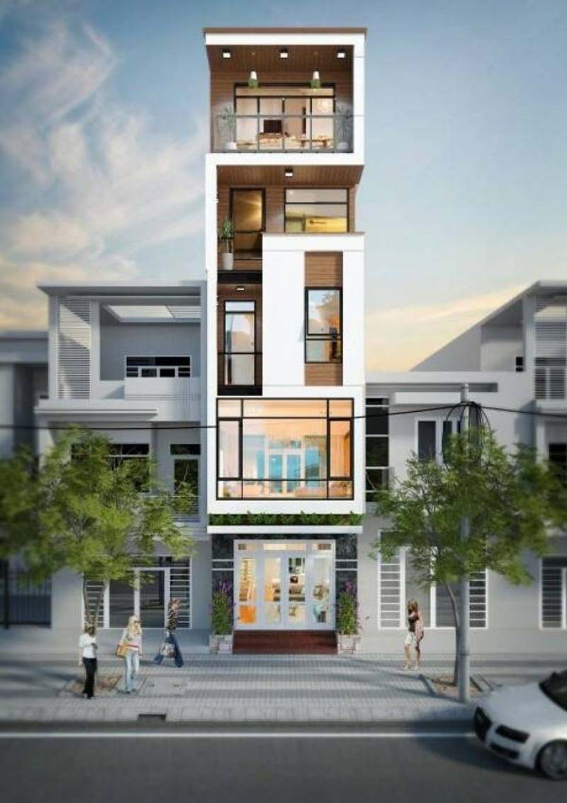 Ngôi nhà phố 5 tầng có thang máy được phối trộn giữa các vật liệu như gỗ, kính, gạch, đá…