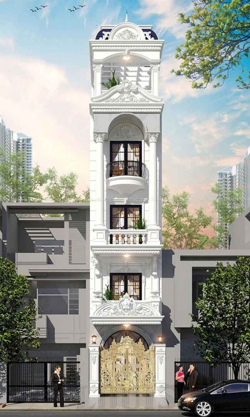 Mẫu thiết kế nhà 5x15m có thang máy 4 tầng 1 tum theo phong cách tân cổ điển cực kỳ sang trọng