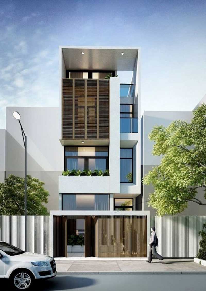 Mẫu thiết kế nhà 5x15m có thang máy nổi bật với hệ thống thông gió dạng lam gỗ